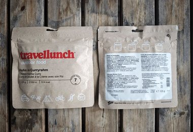 Die Travellunch-Tüte - hinten steht quasi die Zubereitungsanleitung.