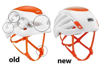 Im Kreis einige Änderungen beim Petzl Sirocco Helm (Schnalle, Lufteinlässe; links das alte Modell, rechts das Modell 2024)