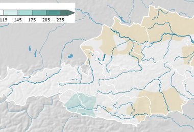 Die Abweichung des Niederschlags von Oktober bis April 2014/2015 vom langjährigen Mittel 1981-2010. Quelle: www.zamg.ac.at)