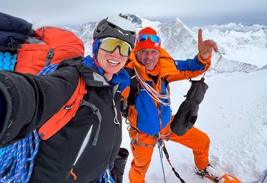 Looking at the photo, I was horrified at how old I am compared to Matěj. The western face of Baruntse can be seen behind © Marek Holeček / Mammut