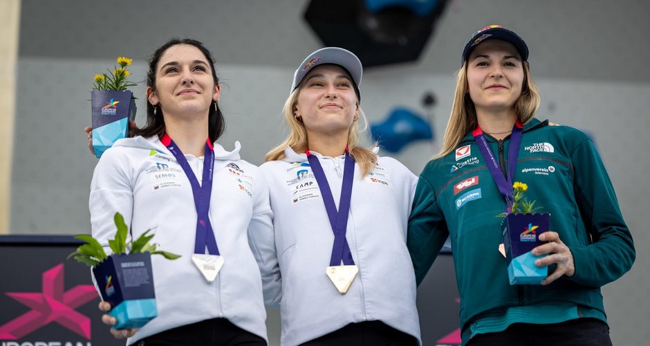 Das Podium beim (B&L) Format mit Krampl, Garnbret und Pilz © Jan Virt/IFSC