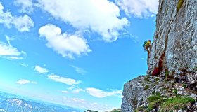 Die steile Stufe in der 7ten Seillänge der Ötscher Nordwand.