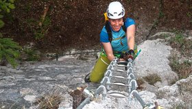 Im Mittelteil der Metall-Strickleiter- Matthias Prinner Klettersteig - Hohe Wand