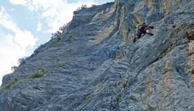 Querung in der vorletzten Seillänge der Route Shogun an der Chinesischen Mauer