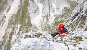 Das steile Finale der Route Morgenstund am Gimpel Südostvorbau.