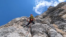 Der kleine Pfeiler in der 11. Seillänge - Guat gflickt in Reutte.