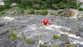 Am Ende der Schlüsselseillänge (4te Seillänge Pensionistenweg - Burschlwand).