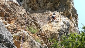 Die Dachseillänge ist das Highlight der Route Pilastro Themis, San Paolo